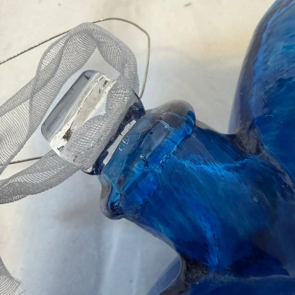Hand Blown Cobalt Blue Art Glass Heart Ornament Marbled Swirl 4 Inch